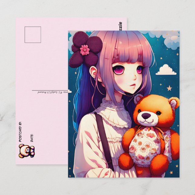 Cartão Postal Uma Menina de Anime com Urso de Teddy, Passando (Frente/Verso)