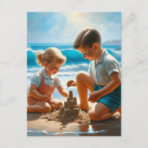 Cartão Postal Uma Menina e um Menino Construindo um Castelo de S