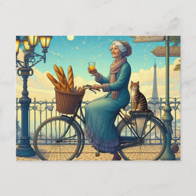Cartão Postal Uma mulher andando de bicicleta (Frente)