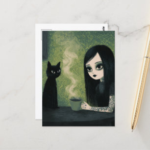 Cartão Postal Uma Mulher Apreciando Café e Seu Gato Preto