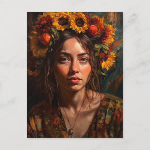 Cartão Postal Uma Mulher Bonita Com Girassóis No Cabelo