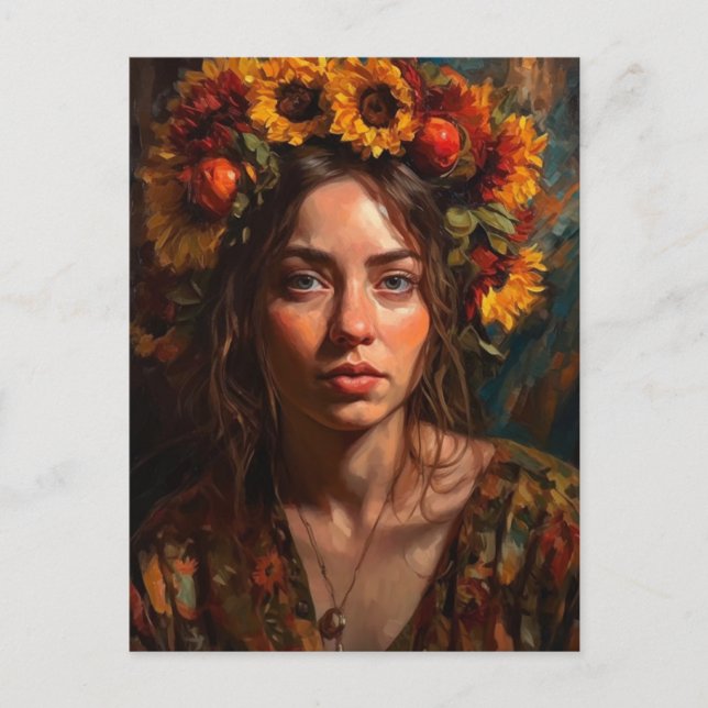 Cartão Postal Uma Mulher Bonita Com Girassóis No Cabelo (Frente)