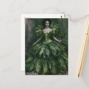 Cartão Postal Uma mulher bonita em um vestido de samambaia pinta