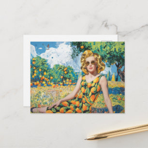 Cartão Postal Uma Mulher Bonita num Pomar de Laranjas