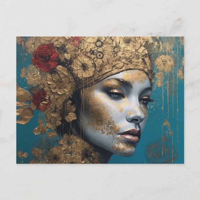 Cartão Postal Uma mulher com Dourado e Flores (Frente)