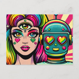 Cartão Postal Uma mulher com um terceiro olho e um robô