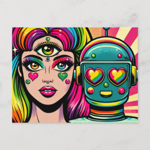 Cartão Postal Uma mulher com um terceiro olho e um robô