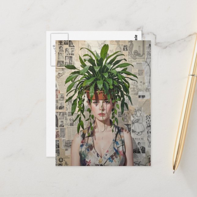 Cartão Postal Uma Mulher com Vaso de Planta na Cabeça Colagem (Frente/Verso In Situ)