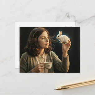 Cartão Postal Uma mulher deslumbrante e um minúsculo coelho mági
