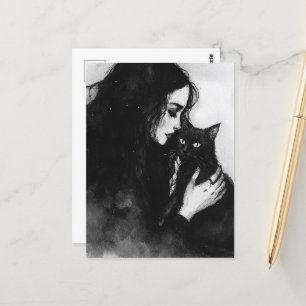 Cartão Postal Uma mulher e seu gato preto
