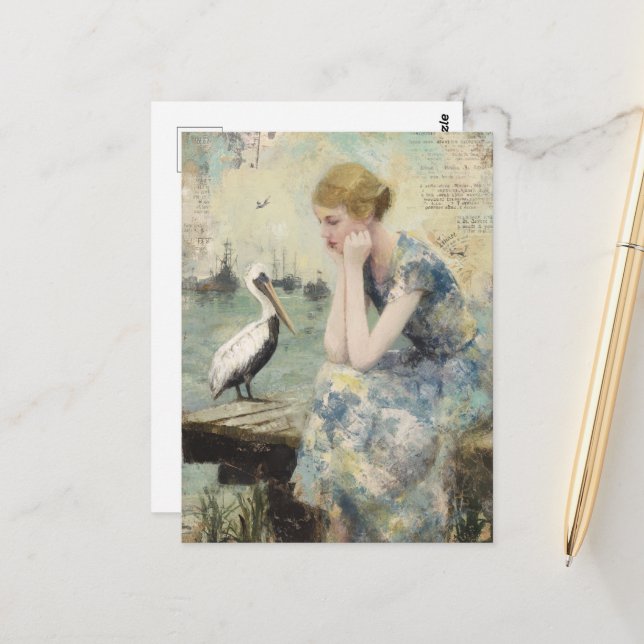 Cartão Postal Uma Mulher e uma Colagem de Mídia Mista Pelicana (Frente/Verso In Situ)