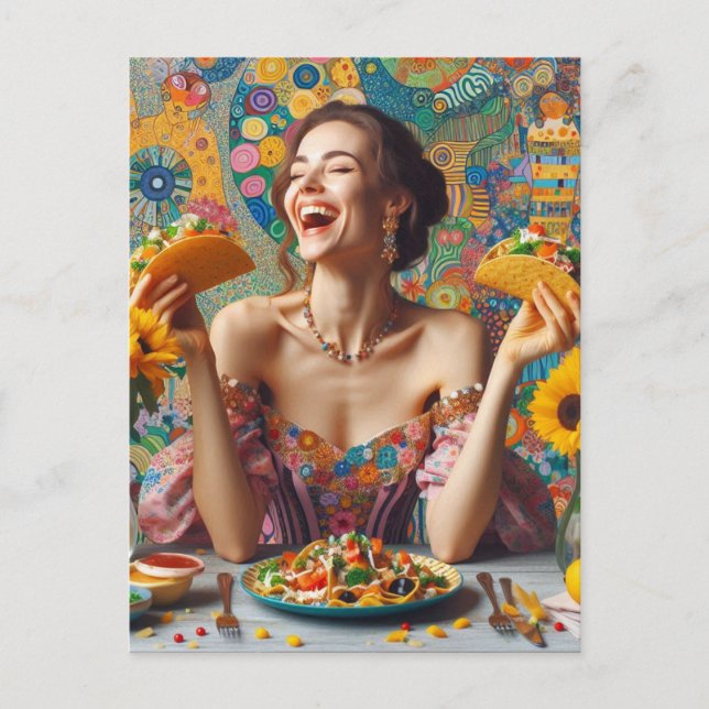 Cartão Postal Uma Mulher Muito Feliz Com Tacos (Frente)