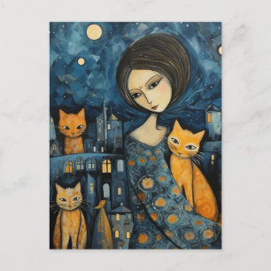 Cartão Postal Uma Mulher na Cidade à Noite Com Seus Gatos