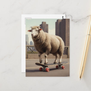 Cartão Postal Uma Ovelha Branca de Skate na Cidade
