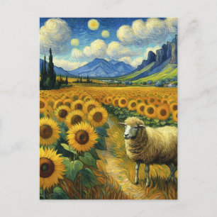Cartão Postal Uma ovelha no campo de girassol Faux Van Gogh