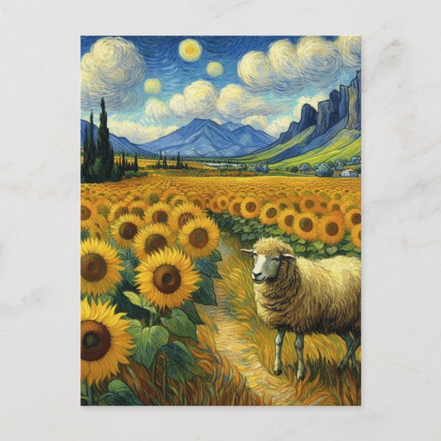 Cartão Postal Uma ovelha no campo de girassol Faux Van Gogh (Frente)