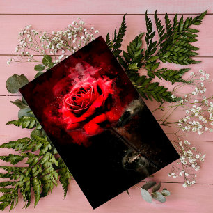 Cartão Postal Uma Rosa Vermelha Aquarela em Fundo Preto