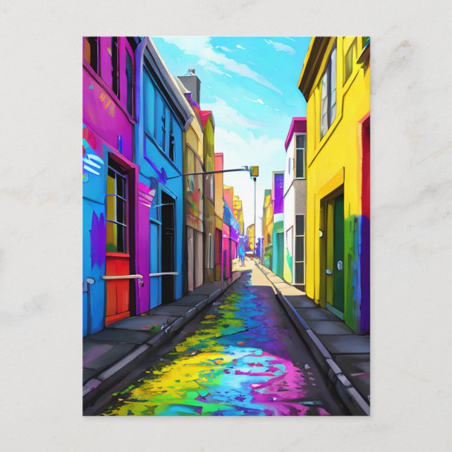 Cartão Postal Uma rua colorida da cidade (Frente)
