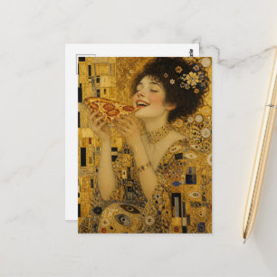 Cartão Postal Uma Senhora Alegre Com Fatia de Pizza