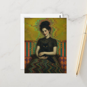 Cartão Postal Uma senhora com um gato preto Glitch Art