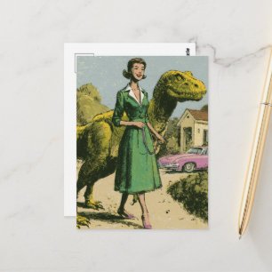 Cartão Postal Uma senhora retrô passeia seu dinossauro verde de