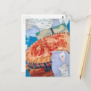 Cartão Postal uma tigela de Espaguete e Colagem da Itália