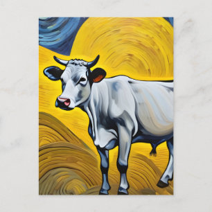 Cartão Postal Uma vaca num abstrato amarelo e azul