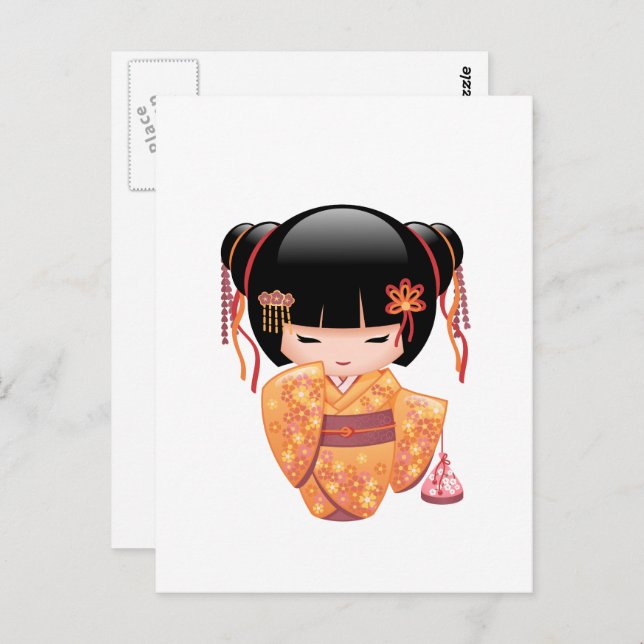 Cartão Postal Ume Kokeshi Doll - Rapariga Peach Geisha Japonesa (Frente/Verso)