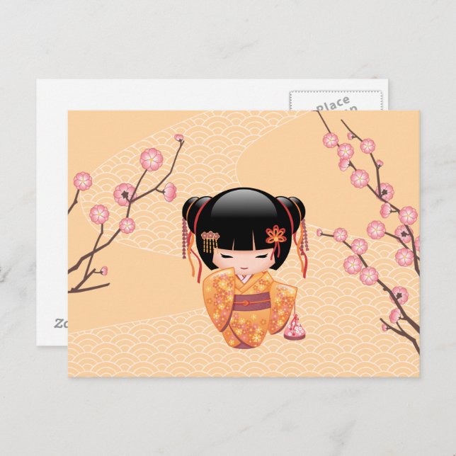 Cartão Postal Ume Kokeshi Doll - Rapariga Peach Geisha Japonesa (Frente/Verso)