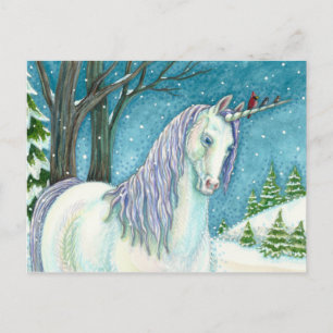 CARTÃO POSTAL UNICORN E AVES DE INVERNO, PAISAGEM DE NEVE PACÍFI