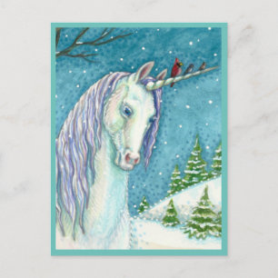 CARTÃO POSTAL UNICORN E AVES DE INVERNO, PAISAGEM DE NEVE PACÍFI