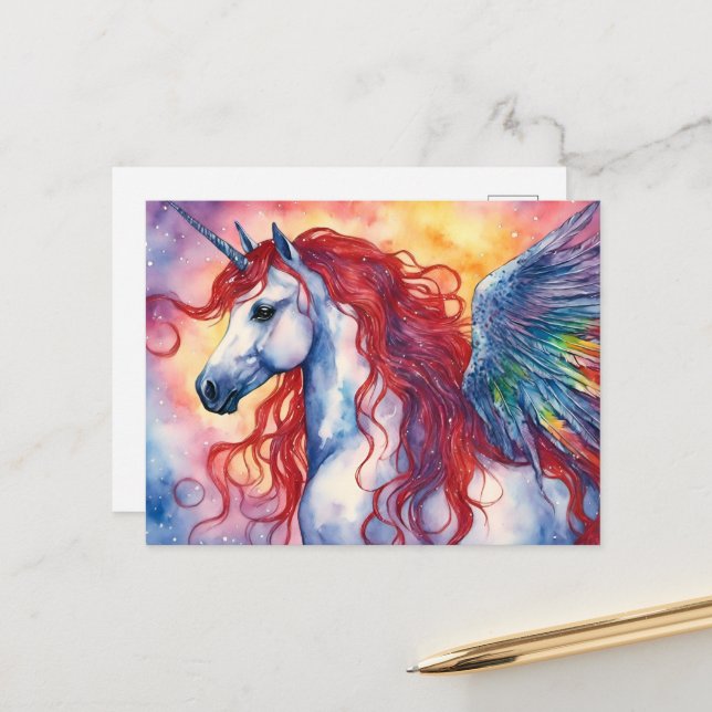 Cartão Postal Unicorn Pegasus Com Red Mane (Frente/Verso In Situ)