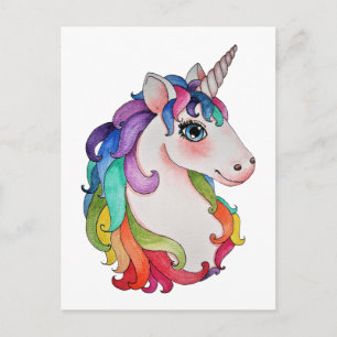 Cartão Postal Unicórnio Aquarela Com Cabelo Arco-íris