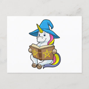 Cartão Postal Unicórnio como Mago com Livro & Chapéu