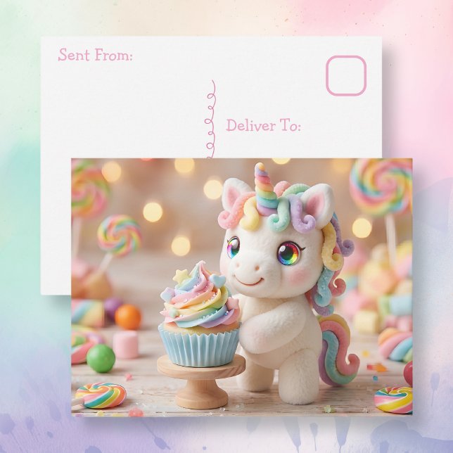 Cartão Postal Unicórnio de Bala Pastel com Cupcake de Arco-íris (Criador carregado)