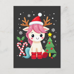 Cartão Postal Unicórnio de Natal Fofo Mágico Xmas Meninas de Cri