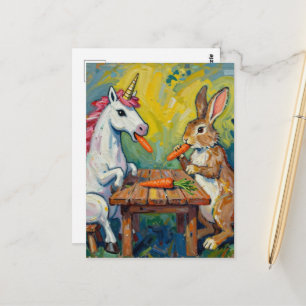 Cartão Postal Unicórnio e Coelho Comendo Cenouras