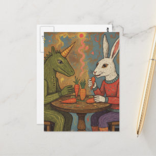Cartão Postal Unicórnio e Coelho Comendo Cenouras Surrealista