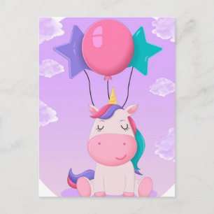 Cartão Postal Unicórnio Fofo Sentado e Balões Lilás