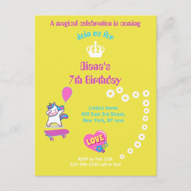 Cartão Postal Unicórnio no skate com legendas personalizadas (Frente)