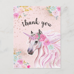 Cartão Postal Unicórnio Obrigado Rosa Azul Floral Dourado Brilho