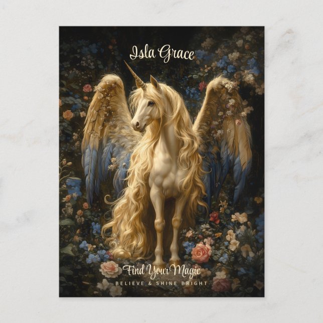 Cartão Postal Unicórnio Pegasus Floral Fantasia Creme Vintage (Frente)