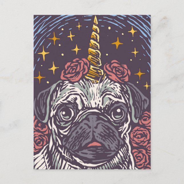 Cartão Postal Unicórnio Pug de Aniversário (Frente)