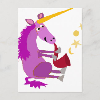 Cartão Postal Unicórnio roxo engraçado que joga o saxofone