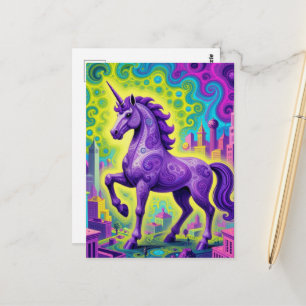 Cartão Postal Unicórnio roxo surrealista numa cidade
