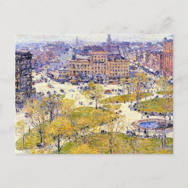 Cartão Postal Union Square em Primavera por Frederick Childe Has (Frente)