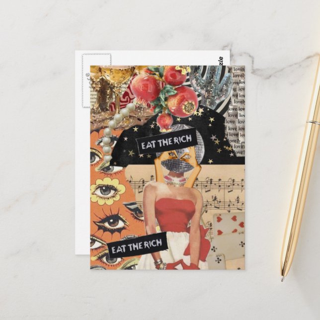 Cartão Postal Unique Eat the Rich Mixed Media Collage (Frente/Verso In Situ)