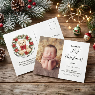 Cartão Postal Ursa Teddy Floral Coroa Primeiro Natal do Bebê