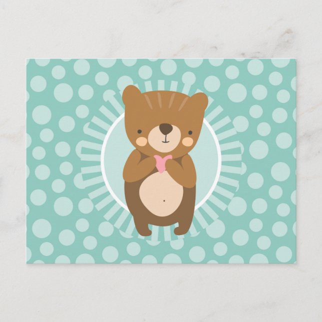 Cartão Postal Ursa Teddy Marrom Fofa Coração (Frente)