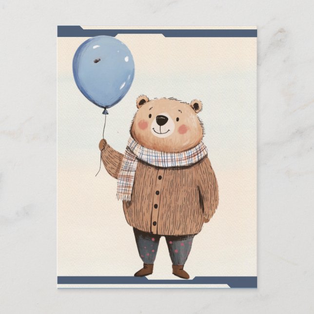 Cartão Postal Urso Balão Azul na Xadrez do Sweater Castanho (Frente)